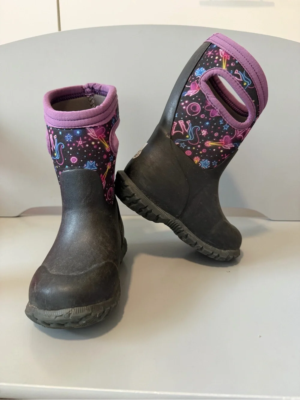 Bogs Kids Black and Purple Neoprene Rain Boots with Space Print